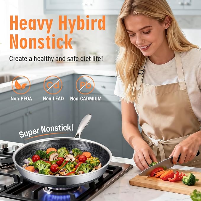 AOSION Nonstick Frying Pans Set,Hybrid Skillets Set with Lid(8+10+9+12inch), Hybrid Stainless Steel Frying Pans Set of 3 for Cooking,PFAS/PFOA Free Cookware Sets,Induction Compatible.