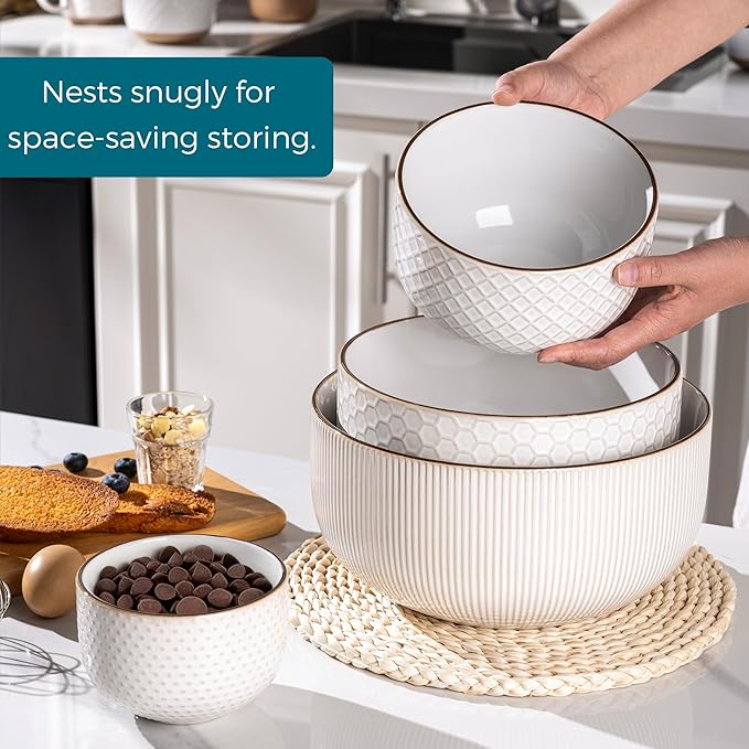 GBhome Ceramic Mixing Bowls Set, 20/45/105/150 oz, Stoneware Nesting Set of 4 embossed Kitchen Serving Bowls, Prep, Baking, Serving, Gift, Microwave and Dishwasher Safe, Dishware Collection-Off White