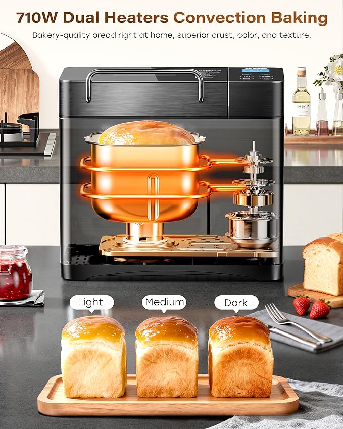 KBS 710W 2LB Bread Maker Dual Heaters, 17-in-1 Stainless Steel Bread Machine with Healthy Ceramic Pan, Automatic Nut Dispenser, Tempered Glass Touch Panel, 3 Crust Colors, 15H Timer& Keep-Warm,Recipes