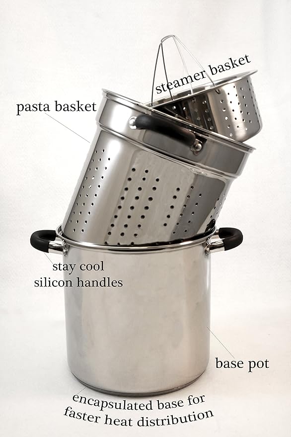 ExcelSteel 12 Qt Multifunction Stainless Steel Pasta Cooker with Encapsulated Base, Vented Glass Lid, and Riveted Silicone Covered Handles