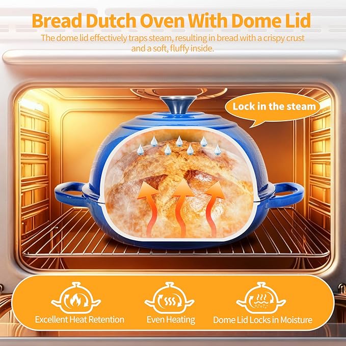 ONKO Dutch Oven For Sourdough Bread Baking, 6QT Enameled Cast Iron Dutch Oven Pot With Lid, Non-stick Sourdough Baking Pan with Bread Dome, Round Ceramic Dutch Ovens Pot with Cloche for Homemade