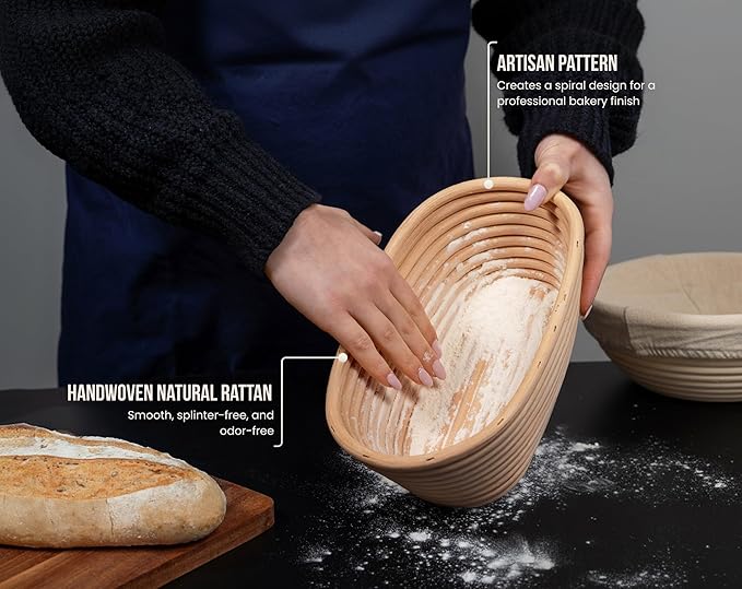 Kook Banneton Bread Proofing Baskets, Artisan Sourdough Bread Making Baskets, 9 Inch Handwoven Rattan Baskets, 1 Round and 1 Oval Basket, and 2 Cloth Liners, Set of 2