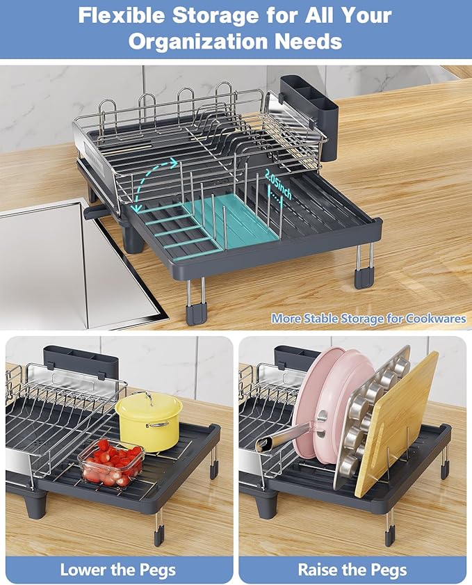 Expandable Dish Drying Rack, Dish Racks for Kitchen Counter, Stainless Steel 304, Flip-Top Retractable Plate, Multi-Directional Adjustable Dish Rack, Space Saving Large Drying Rack Kitchen, Gray