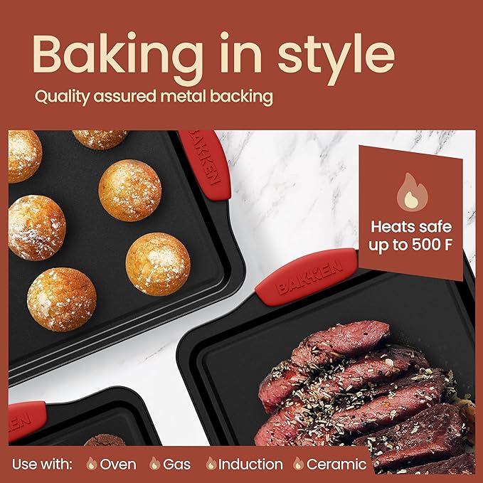 Baking Set – 8 Piece Kitchen Oven Bakeware Set – Deluxe Non-Stick Black Coating Inside and Outside – Carbon Steel – Red Silicone Handles – PFOA PFOS and PTFE Free by Bakken