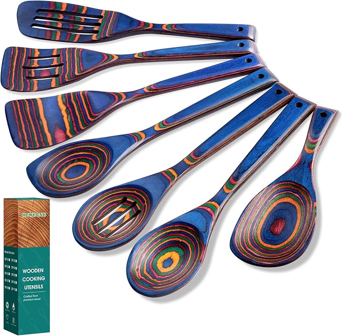 Wooden Spoons for Cooking, Pakkawood Kitchen Utensil Set Spectrum Color, Premium Durable Wooden Utensils for Nonstick Cookware, Heat Resistant, Smooth Finish, Comfortable Grip, 7 Piece
