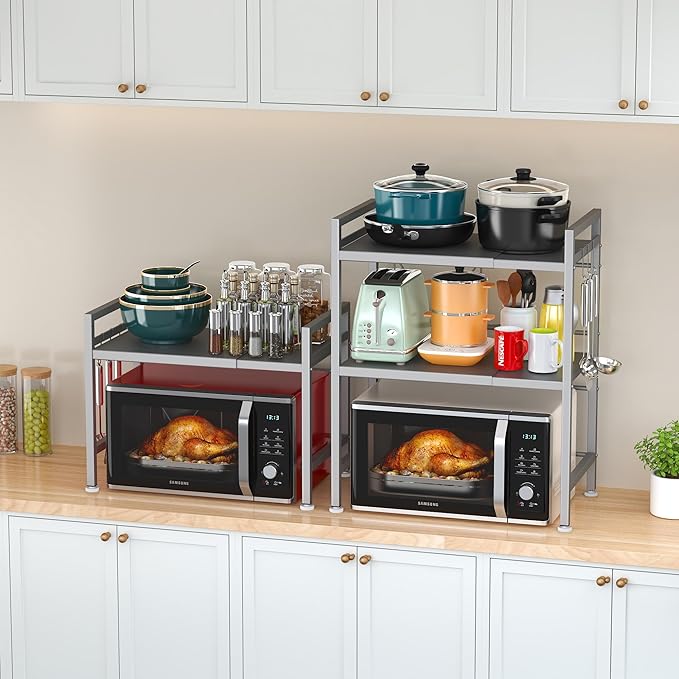 PUSDON Extendable Microwave Oven Rack, Adjustable Microwave/Toaster Shelf Heavy Duty Stand Kitchen Counter Top Organizer, 2 Tier with 3 Hooks, 160lbs Weight Capacity, Silver Grey