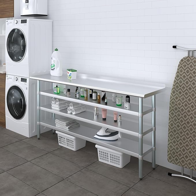 AmGood Stainless Steel Work Table with 1.5" Backsplash and 3 Shelves | Metal Kitchen Food Prep Table | NSF (72" Long x 18" Deep)