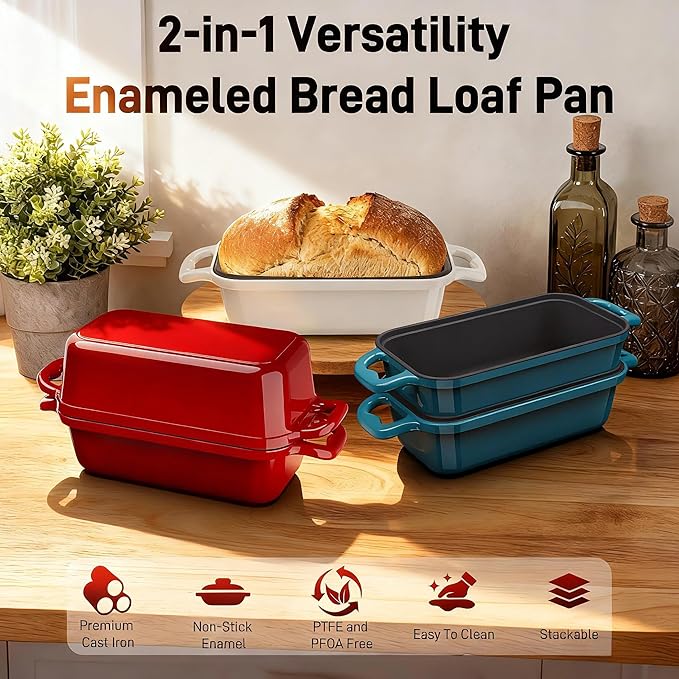 Enameled Cast Iron Sourdough Bread Dutch Oven, 9x5 Inch Loaf Cast Iron Bread Pan for Homemade Bread Baking, Sourdough Baking Pans, Meatloaf Pan with Lid, 2 Piece set, Emerald