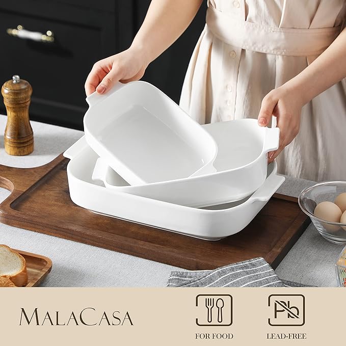 MALACASA Casserole Dishes for Oven, Ceramic Baking Dishes Set of 3, Rectangular Lasagna Pan Deep Baking Pans, Bakeware Sets with Handles Gift Set, White (13.8''/11.7''/9.4''), Series BAKE