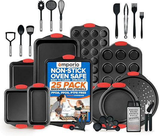 Baking Pan Set - Nonstick Coating, Carbon Steel Bakeware Set with Red Silicone Handles, PFOA, PFOS, PTFE Free, Recipe Booklet Included, Oven Safe Tray (Up To 450° F), Set of 25 - Black