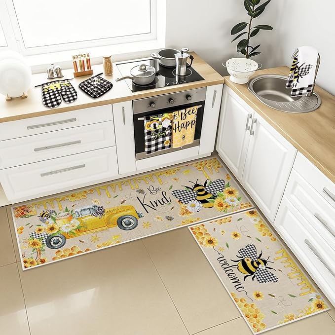 10 Pcs Bee Kitchen Decor Sunflower Oven Mitts and Pot Holders Set Bee Dish Towels Rugs Mats Buffalo Plaid Farmhouse Kitchen Accessories for Chef Baking Cooking Grilling BBQ Women Home Gift