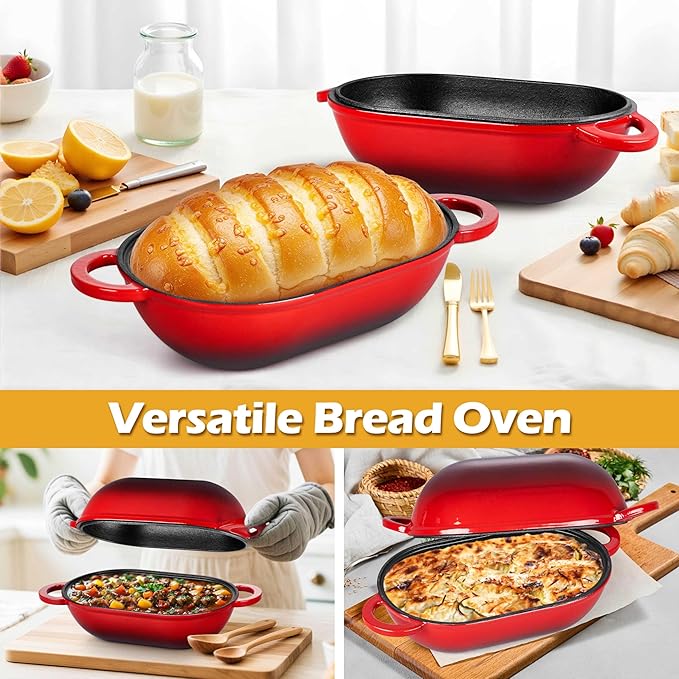 Homikit Enameled Cast Iron Dutch Oven for Bread Baking, 2.8 QT Oval Bread Oven Pot with Lid, 9.5 x 5.7 Inch Sourdough Loaf Baking Pan for Homemade Bread, Heavy Duty & Oven Safe, Red