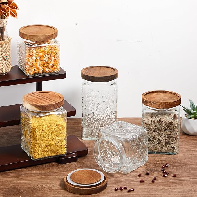 Gerrii 5 Pcs Vintage Glass Food Storage Containers 17/24/34 oz Glass Jar with Lid Airtight Candy Jar Food Canisters for Kitchen Counter Pantry Coffee Beans(Begonia, sunflower, window Grilles Square)