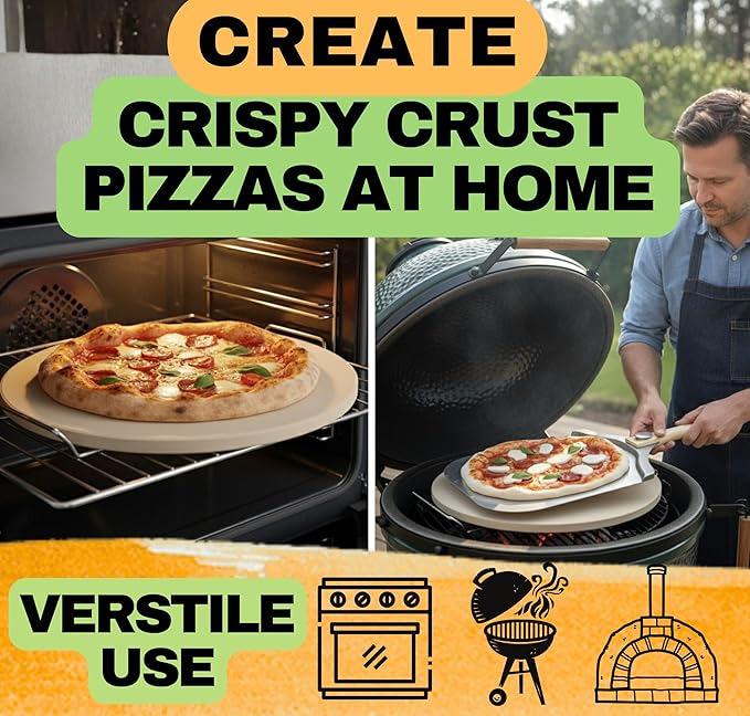 Round Pizza Stone for Oven 16 inch - Large Pizza Stone for Grill with Handles, Metal Pizza Peel & Steel Dough Cutter Tool - Baking Stone for Bread - Oven Stones - Pizza Making Set