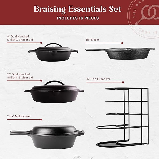 Cuisinel Cast Iron 16-Piece Pre-Seasoned Cookware Set - 8" + 12" Braiser Pans + Cast Iron Lids + 10" Skillet + 2-in-1 Multi-Cooker + 12" Organizer + Scraper + Silicone Handle Covers - Fire, Oven Safe