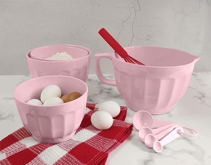 UPware Latte Style Melamine Batter Bowl with Pour Spout, Handle and Non-Slip Base, Grip Handle for Easy Mix and Pour, Home Essentials Cooking and Baking Tools, 4.3 quart, 11.5 x 8.75 Inch, Pink