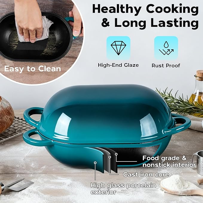 Onader Enameled Cast Iron Dutch Oven for Sourdough Bread Baking, 9x5-1/2 Inch Oval Cast Iron Bread Oven Pan with Lid, 2.8QT Meatloaf Pan, Heavy Duty - Dark Cyan