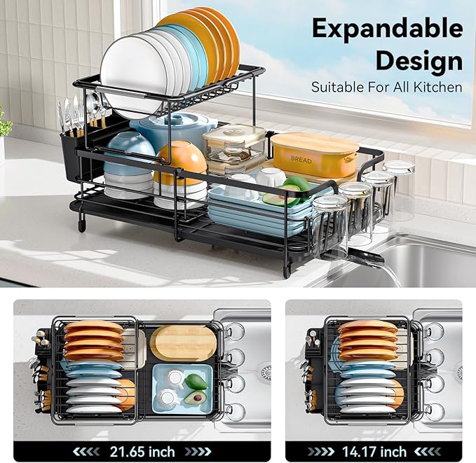 2 Tier Dish Drying Rack, Expandable Two Tier Dish Rack for Kitchen Counter, Extendable Over The Sink Dish Drainer, Large Multifunctional Dish Strainer with Removable Top Shelf for in Sink Use, Black