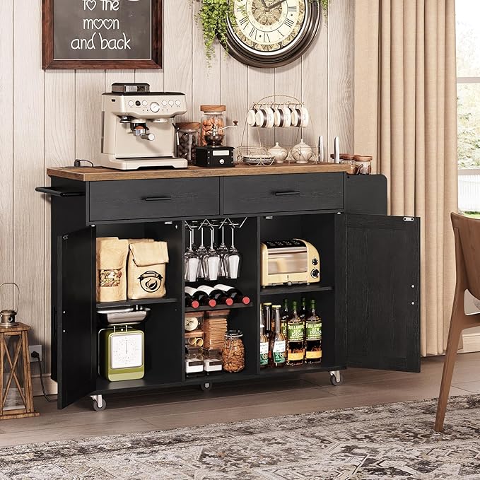 HOOBRO Kitchen Island on Wheels, Rolling Kitchen Island with Power Outlet, Island Table with Storage Cabinet, 2 Drawers, Spice Rack and Towel Rack, Black and Rustic Brown BF14UZD01