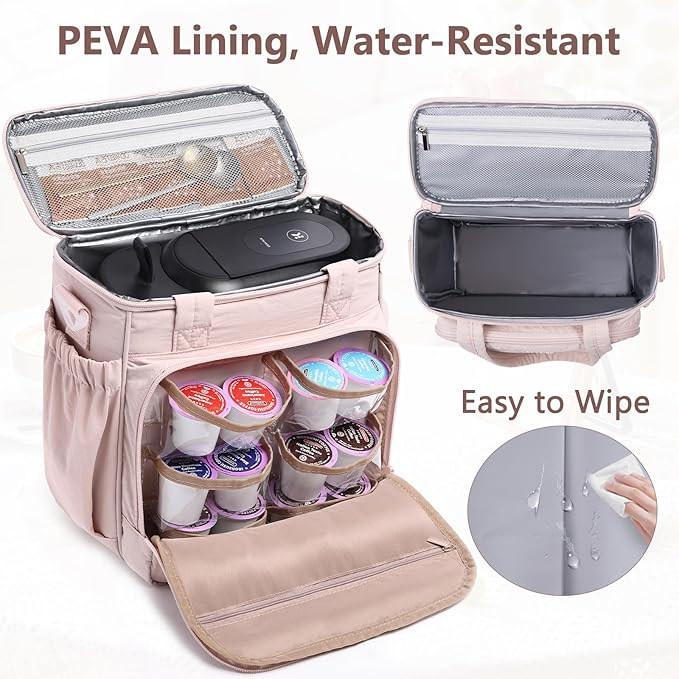 BAGSPRITE Coffee Maker Travel Bag Compatible with Keurig K-Mini Mate, Carrying Case for K-Cup Single Serve Coffee Maker, Portable Coffee Maker Case with Pod Organizer, Mug Pockets & Shoulder Strap