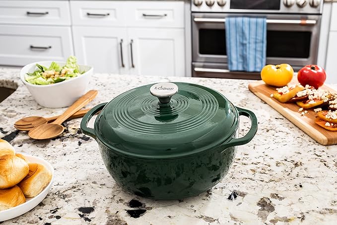 Lodge Essential Enamel Cast Iron Dutch Oven - Perfect for Bread Baking, Braising, Marinating & Slow Cooking - Features Moisture-Sealing Lid & Dual Handles - Kitchen Essentials - 6 Quarts - Evergreen