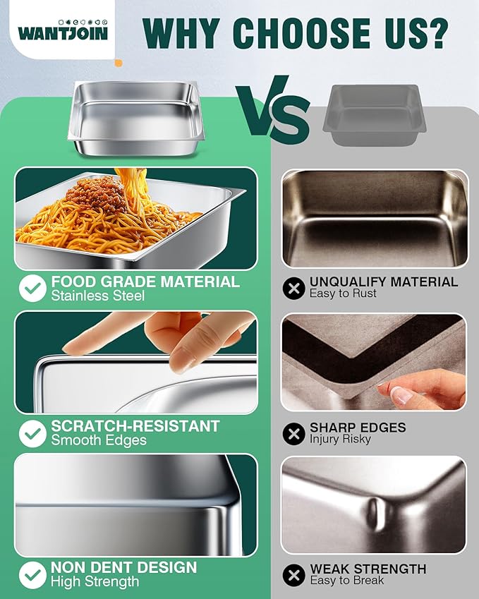 WantJoin Steam Table Hotel Pans 1/1 Full Size 4 Inch Deep 6 Pack, Stainless Steel Metal Tray Sets Food Storage Container for Restaurant Chafing Dishes Commercial Buffet Warmer Catering Supplies