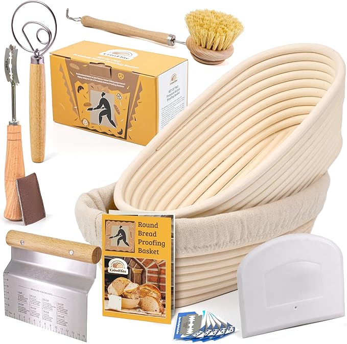 Sourdough Bread Baking Supplies Kit – Extra-Large 11” Oval Banneton Proofing Basket Set of 2 with Linen Liners, Bread Lame, Danish Whisk & Dough Scrapers – Ideal for Family-Size Loaves