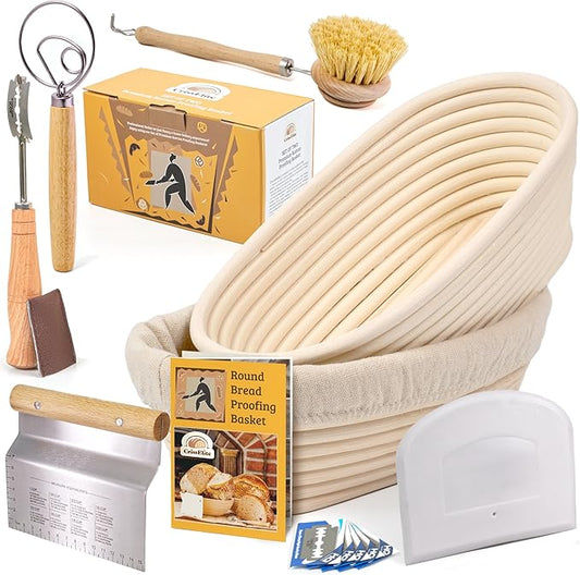 Sourdough Bread Baking Supplies Kit – Extra-Large 11” Oval Banneton Proofing Basket Set of 2 with Linen Liners, Bread Lame, Danish Whisk & Dough Scrapers – Ideal for Family-Size Loaves
