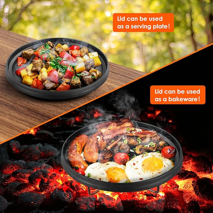 LIFERUN Dutch Oven Pot with Lid, 12 Quart Cast Iron Dutch Oven, without Feet, with Stand & Spiral-shaped Handle, Cast Iron Pot for Outdoor & Indoor, black