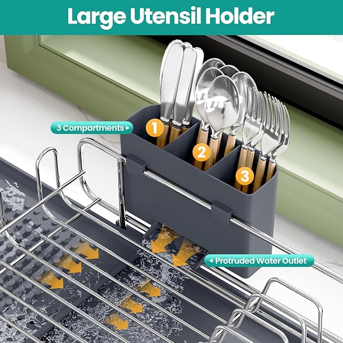 TOOLF Dish Drying Rack - Large Expandable Dish Rack for Kitchen Counter, Stainless Steel Dish Drainer for Kitchen Organization with Cutlery ＆ Cup Holder,Gray