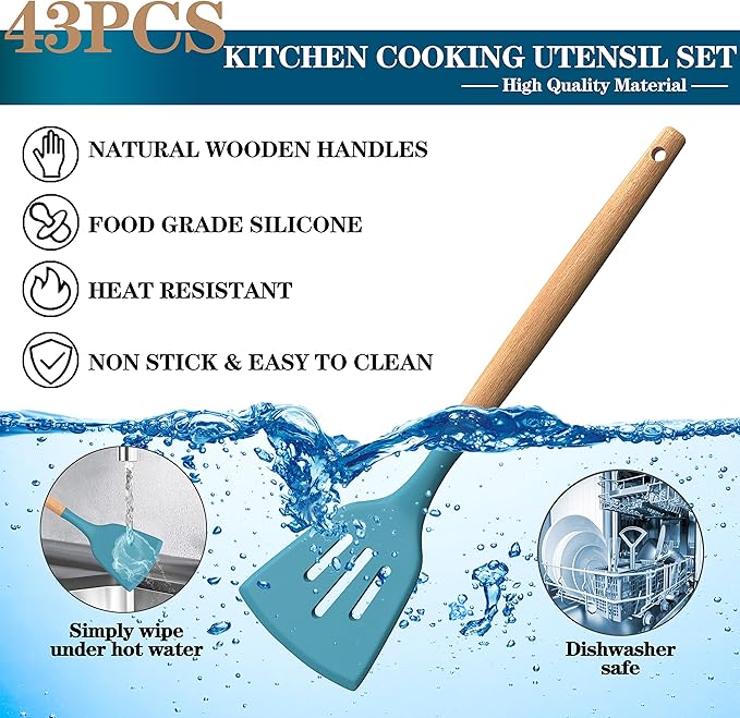 Silicone Cooking Utensils Set, 43Pcs Non-Stick Heat Resistant Kitchen Utensils Spatula Set with Wooden Handle for Baking, Cooking, and Mixing, Best Kitchen Gadgets Tools with Holder (Dark Blue)