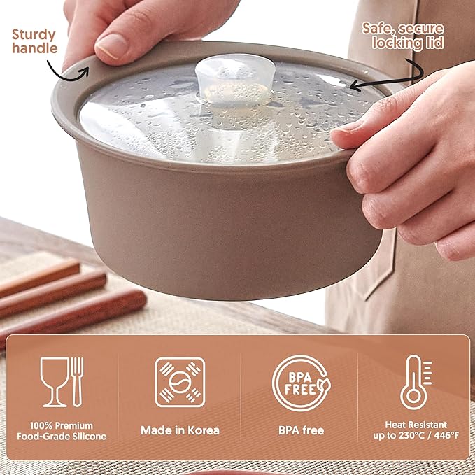 40oz Platinum Silicone Microwave Steamer Pot with Handle & Lid - Korean 100% Food-Grade Steamer Bowl, Heat-Resistant Cooker with Steam Holes, Easy Clean, Dishwasher Safe, Yellow