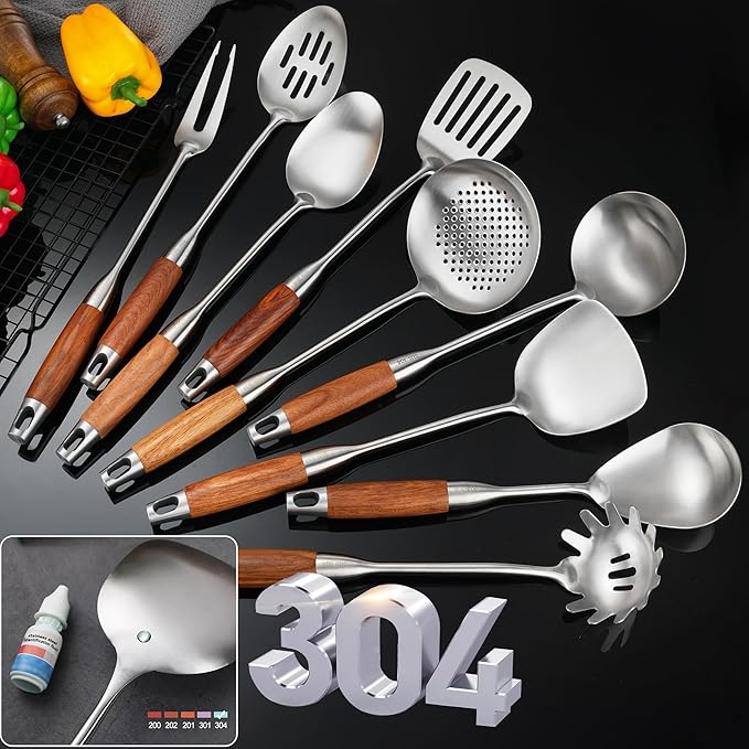Stainless Steel Kitchen Utensils 12.5"-14" Wooden Handle Metal Cooking Utensils Set 9 PCS, Solid and Slotted Spoon, Fork, Spatula, Ladle, Skimmer, Slotted Tunner, Spaghetti Large Spoon