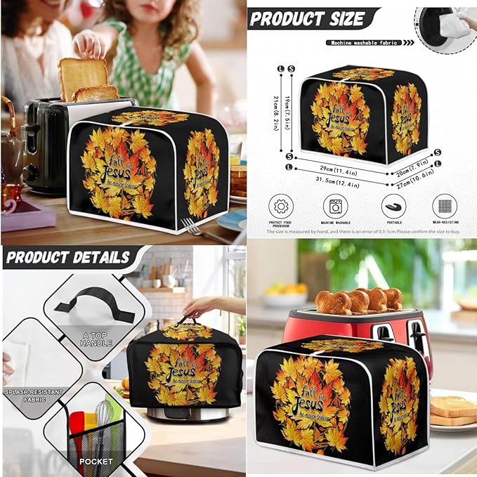 Unique Toaster 4 Slice Thanksgiving Day Decorations Set, Blender Bread Toaster Cover, Slow Cooker Cover Fit for Most 6-8 Qt Slow Cookers, Fall for Jesus He Never Leaves (Black)