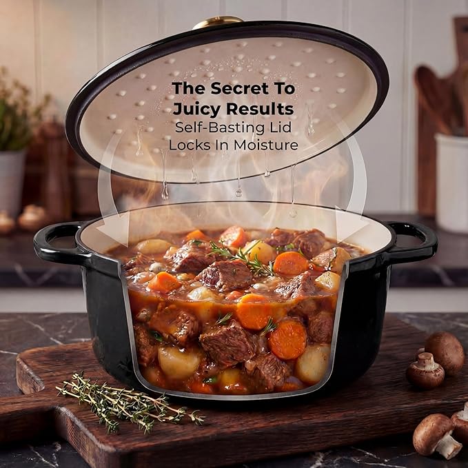 Zulay Kitchen 6.4 Quart Enameled Cast Iron Dutch Oven Pot with Lid – Premium Durability & Oven Safe up to 500°F – Heavy Duty Cookware Perfect for Bread Baking, Stews, Braising & Roasting - Black