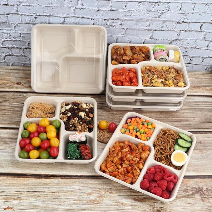 37 OZ Sugarcane Fiber 4 Compartments disposable plates with Lids Bagasse Plant Fibers Freezer Safe 25 PACK
