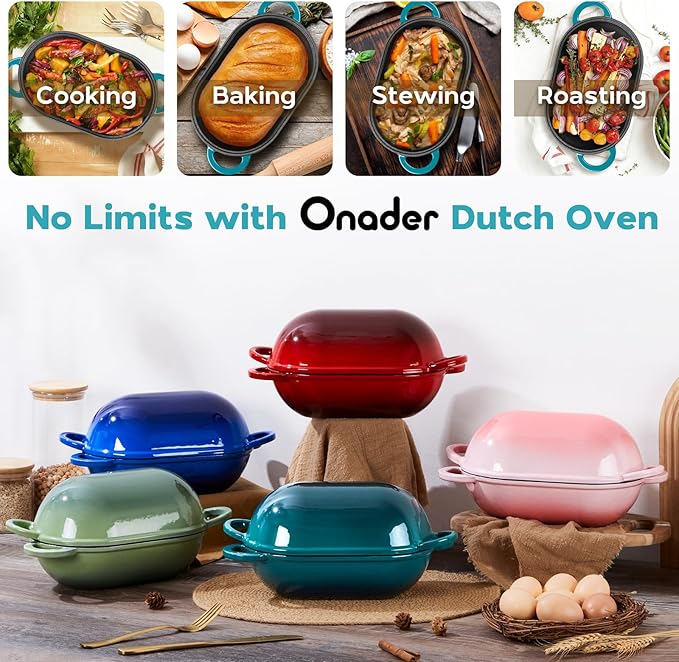 Onader Enameled Cast Iron Dutch Oven for Sourdough Bread Baking, 9x5-1/2 Inch Oval Cast Iron Bread Oven Pan with Lid, 2.8QT Meatloaf Pan, Heavy Duty - Dark Cyan