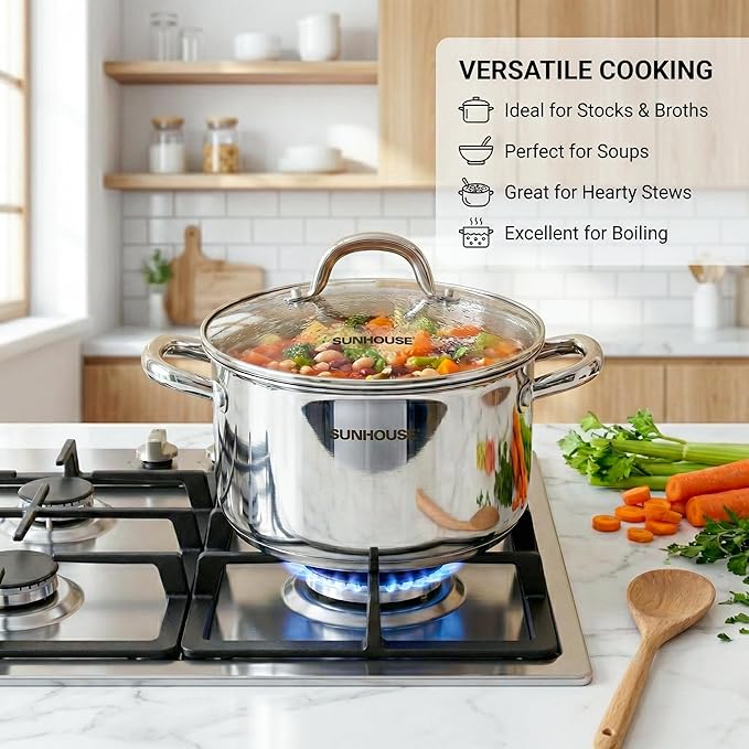 Sunhouse Professional 3.5-Quart Whole-Clad Multi-Ply Stainless Steel Stock Pot with Lid - Premium 18/10 - Induction Ready, Oven Safe Dishwasher Safe Cooking Pot