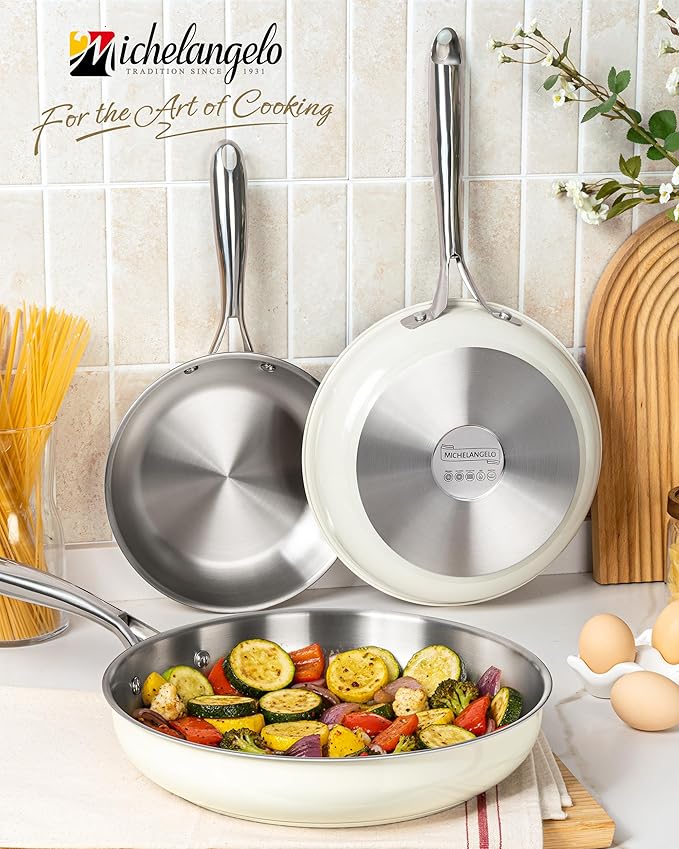 MICHELANGELO Stainless Steel Frying Pan Set, 8" 9.5" 11" Induction Pan, Triply Base Cooking Pans with Ergonomic Handle, for All Stove - Beige