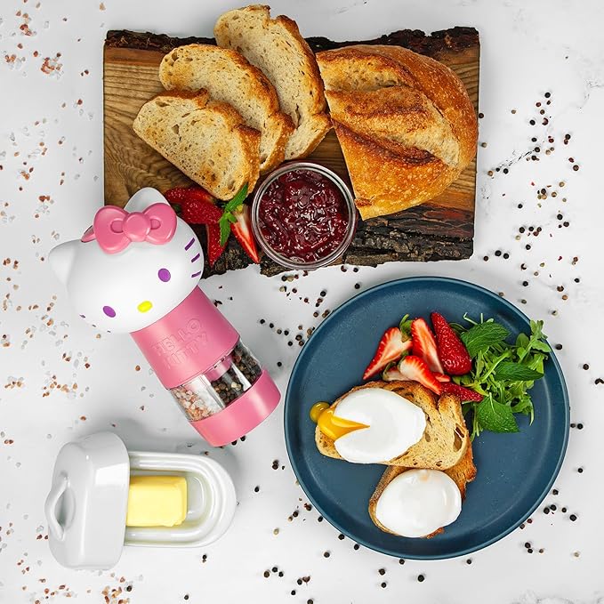 Uncanny Brands Sanrio Hello Kitty Salt and Pepper Grinder – Dual Chamber Electric Mill with Adjustable Coarseness and LED Light – Battery Powered