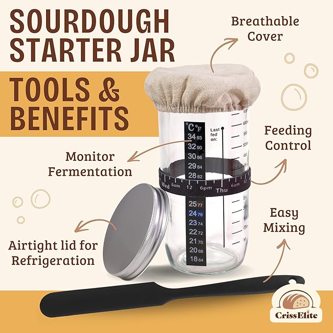 Sourdough Starter Kit – Complete Sourdough Bread Baking Supplies with 24oz Glass Sourdough Starter Jar, 9” Round & 10” Oval Banneton Proofing Basket Set, Sourdough Tools