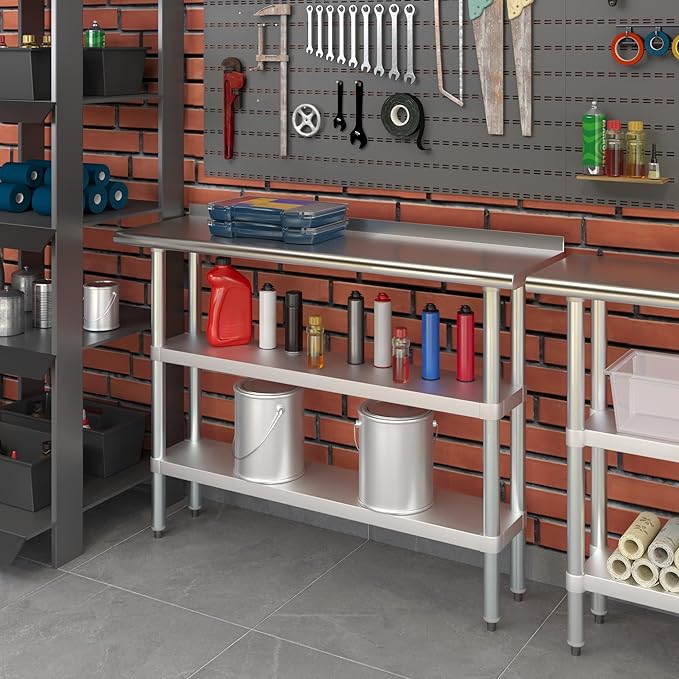 AmGood Stainless Steel Work Table with 1.5" Backsplash and 2 Shelves | Metal Kitchen Food Prep Table | NSF (48" Long x 14" Deep)