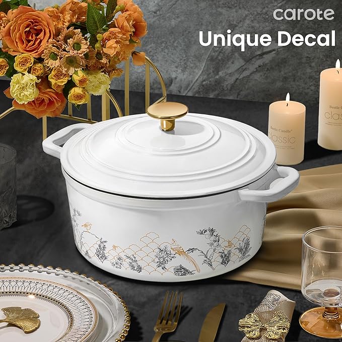 CAROTE 5QT Cast Iron Dutch Oven Pot with Lid, Enameled Floral Dutch Ovens with Gift Box, Cast Iron Pot for Sourdough Bread Baking, Braising, Stews, Roasting, Dual Handles, Healthy & Non-Toxic, All Stovetop Compatible, Oven Safe up to 500° F, White