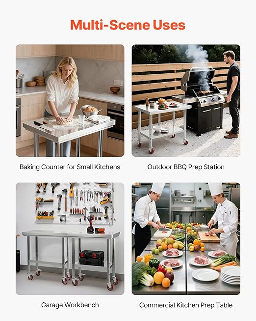 VEVOR Stainless Steel Table, 24 x 30 Inches Food Prep Worktable with Wheels, Kitchen Prep Table with Adjustable Undershelf Workstations for Commercial Kitchen, Restaurant, Hotel and Garage, Outdoor