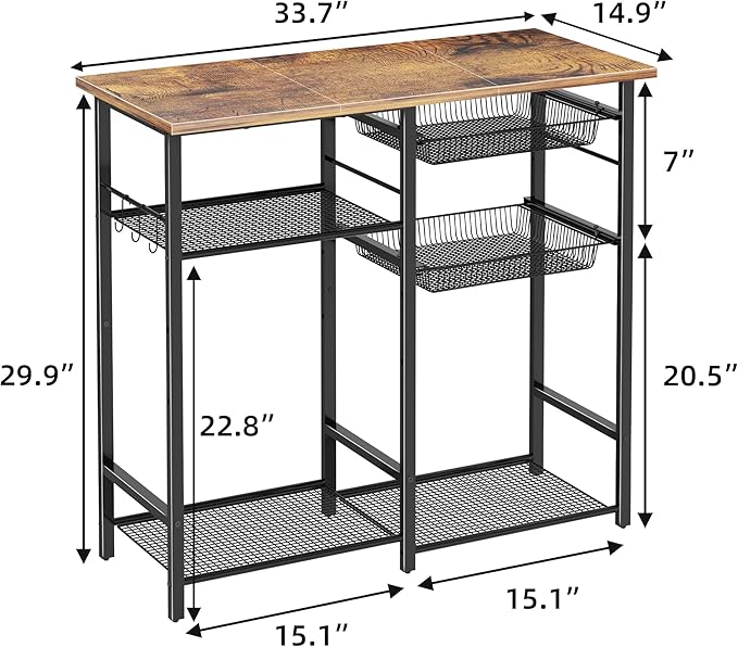 Kitchen Bakers Rack,Microwave Stand with Storge 3-Tier,Coffee Bar Station,6 S-Shaped Hook,Kitchen Storage Shelf,33.7D x 14.9W x 29.9H Inches,Rustic Brown