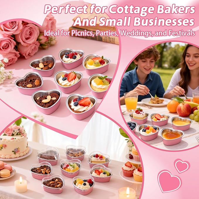200 Pack 3.4 oz Pink Heart Shaped Mini Cake Pans with Lids, Disposable Aluminum Foil Pans for Valentine's Day Gifts, Cheesecake, Brownies & Romantic Parties