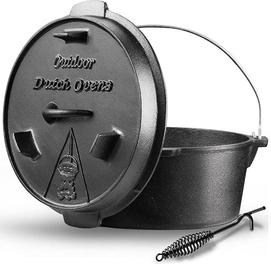 Camping Dutch Oven, 9 Qt Pre-Seasoned Cast Iron Camp Dutch Oven Pot with Lid - Lid Lifter, Cast Iron Dutch Oven with Metal Handle for Cooking BBQ Baking Campfire Modern Black
