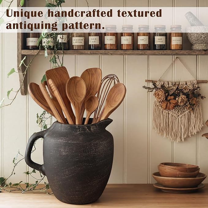 Rustic Kitchen Utensil Holder with Handle,7 Inch Ceramic Vintage Utensil Crock for Countertop, Farmhouse Kitchen Decoration Ceramic Pot for Spatulas Spoons Tongs(Novelty,Antique Black Gold)