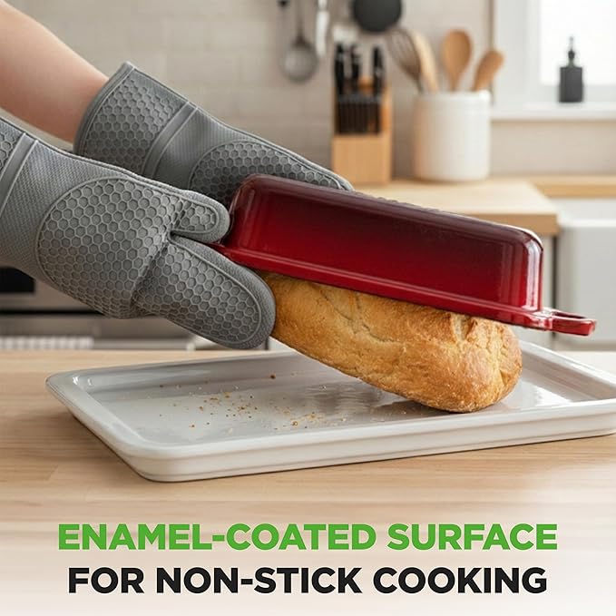 NutriChef 9x5" Enameled Cast Iron Loaf Pan with Lid, Enamel-Coated Baking Loaf Pan for Sourdough, Oven Safe, Nonstick Bread Pan with Silicon Gloves, Dishwasher Safe, Red