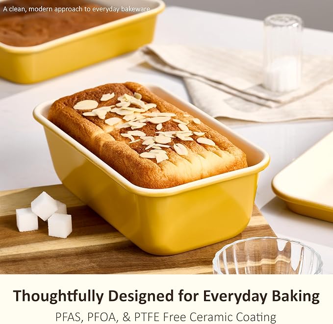 CAROTE 7-Piece Nonstick Ceramic Baking Pans Set - Bakeware Sets Including Cookie Sheets for Baking, Muffin Pan, Bread Pan, Cake pan, Loaf Pan, Roasting Pan, and Cooling Rack, Yellow & White